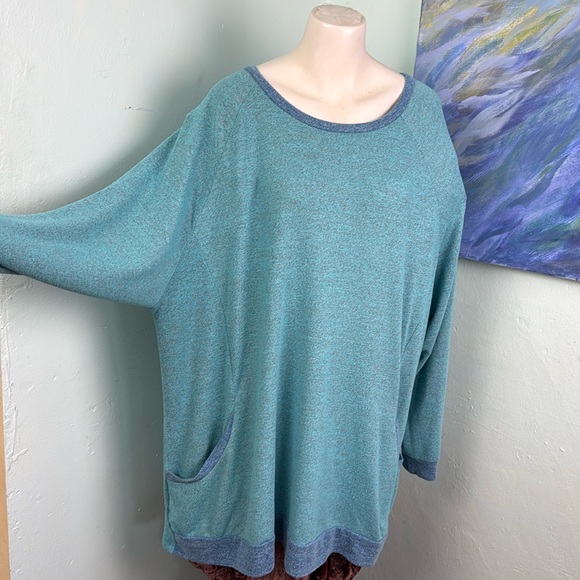 PLUS SIZE 26W vintage flowy scoop neck knit sweatshirt turquoise slash pockets - Picture 1 of 8